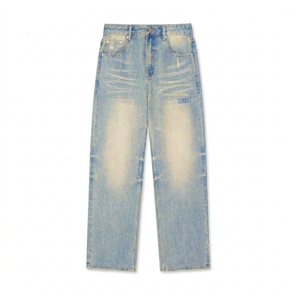 Custom Sun Fade Raw Hem Denim Jeans design direction 1: Tonal Minimalist Wordmark featuring the ORBIT wordmark