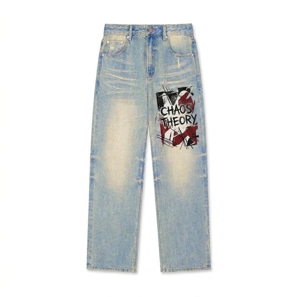 Custom Sun Fade Raw Hem Denim Jeans design direction 2: Post-Punk Graphic featuring the CHAOS THEORY wordmark