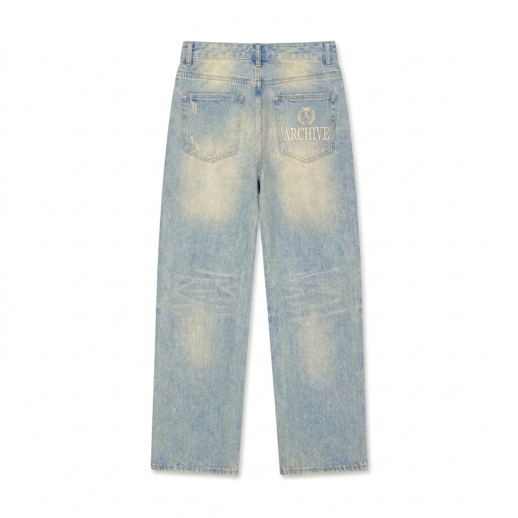 Custom Sun Fade Raw Hem Denim Jeans design direction 3: Luxury Heritage Emblem featuring the ARCHIVE wordmark