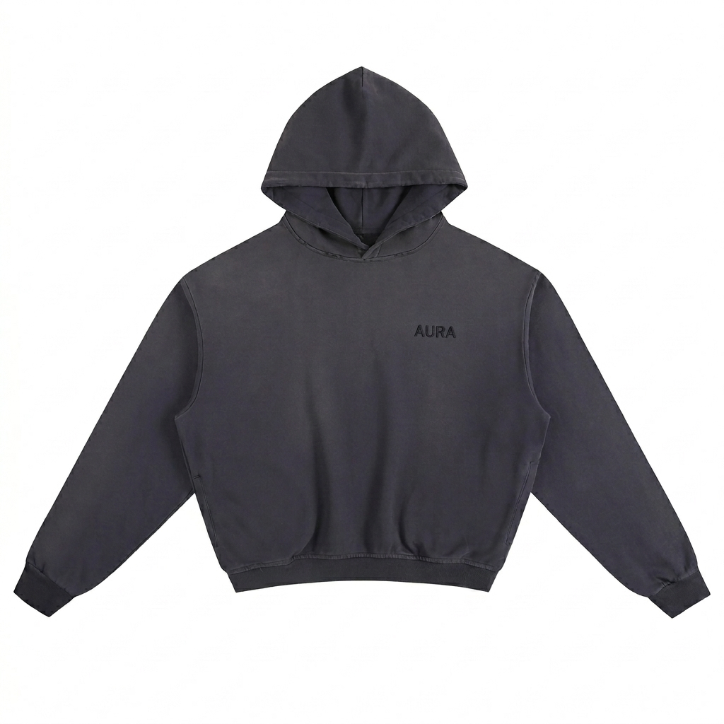 Custom Sunfade Boxy Pullover Hoodie design direction 1: Tonal Minimalist Wordmark featuring the AURA wordmark