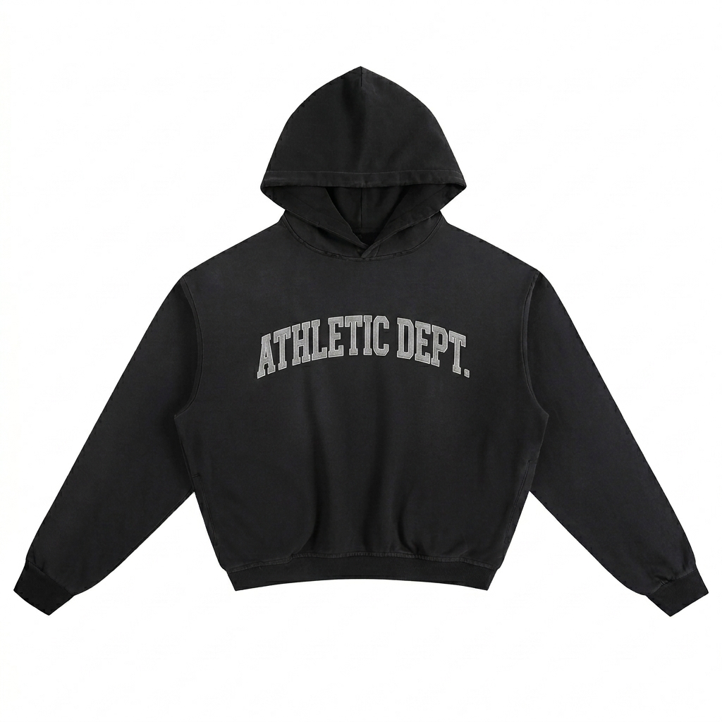 Custom Sunfade Boxy Pullover Hoodie design direction 3: Retro Collegiate Emblem featuring the ATHLETIC DEPT. wordmark