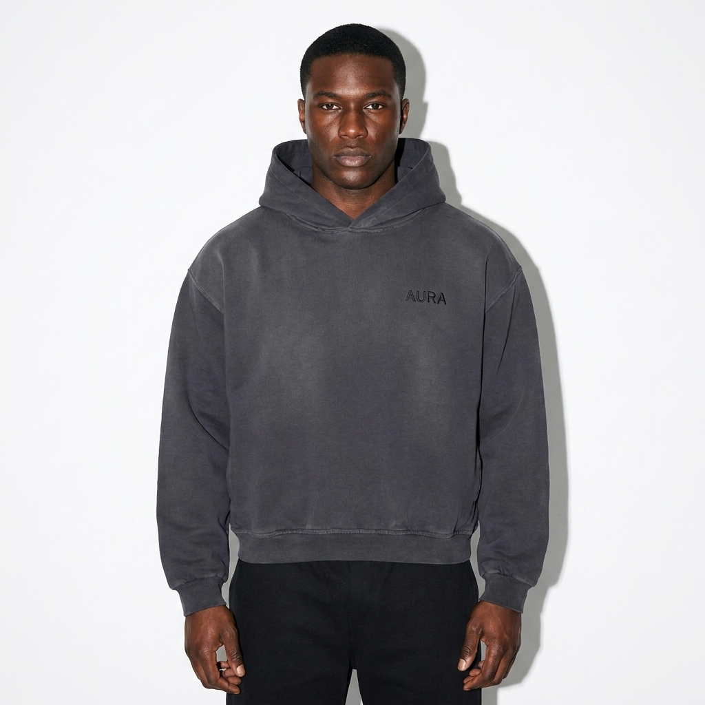 Sunfade Boxy Pullover Hoodie worn by a broad-shouldered Afro-Caribbean male fashion influencer, techwear modern styling, studio lookbook — custom sunfade boxy pullover hoodie
