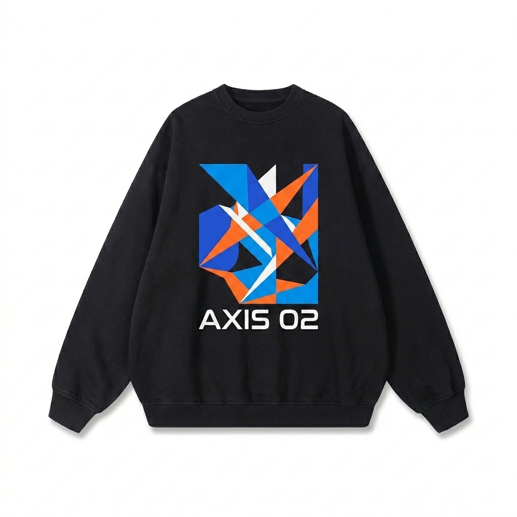Custom Sunfade Drop-Shoulder Sweatshirt design direction 2: Abstract Geometric Graphic featuring the AXIS 02 wordmark