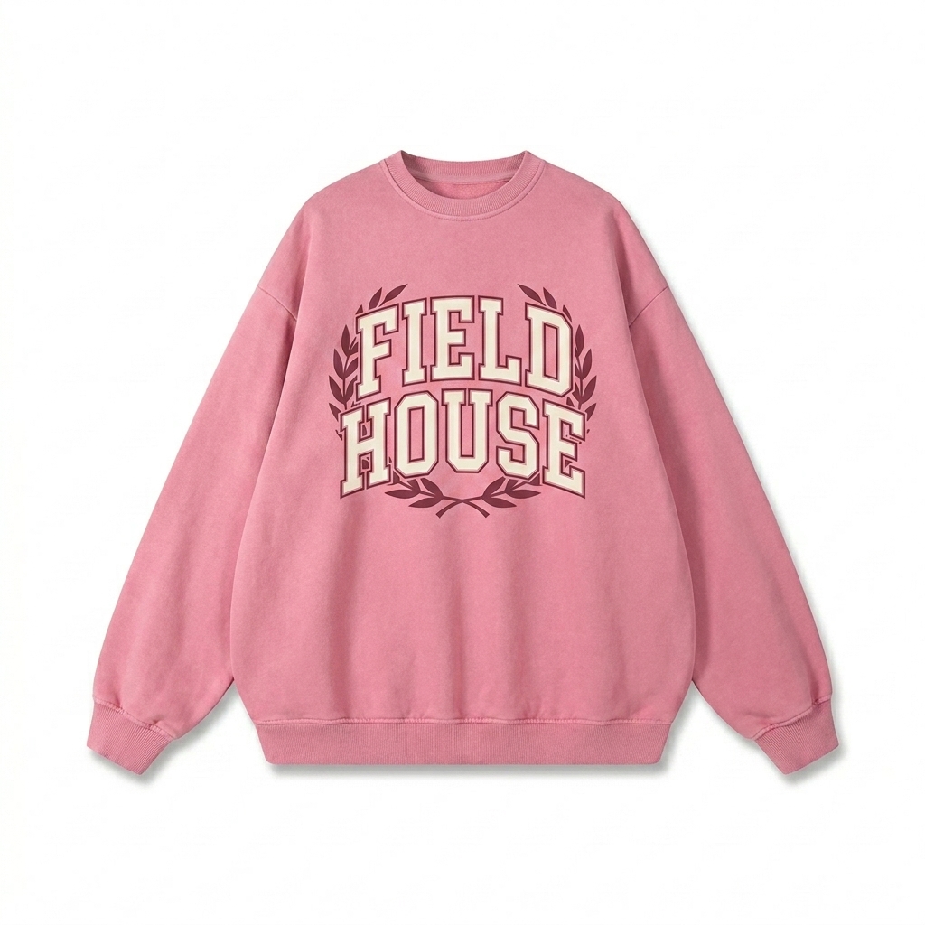 Custom Sunfade Drop-Shoulder Sweatshirt design direction 3: Collegiate Emblem featuring the FIELD HOUSE wordmark