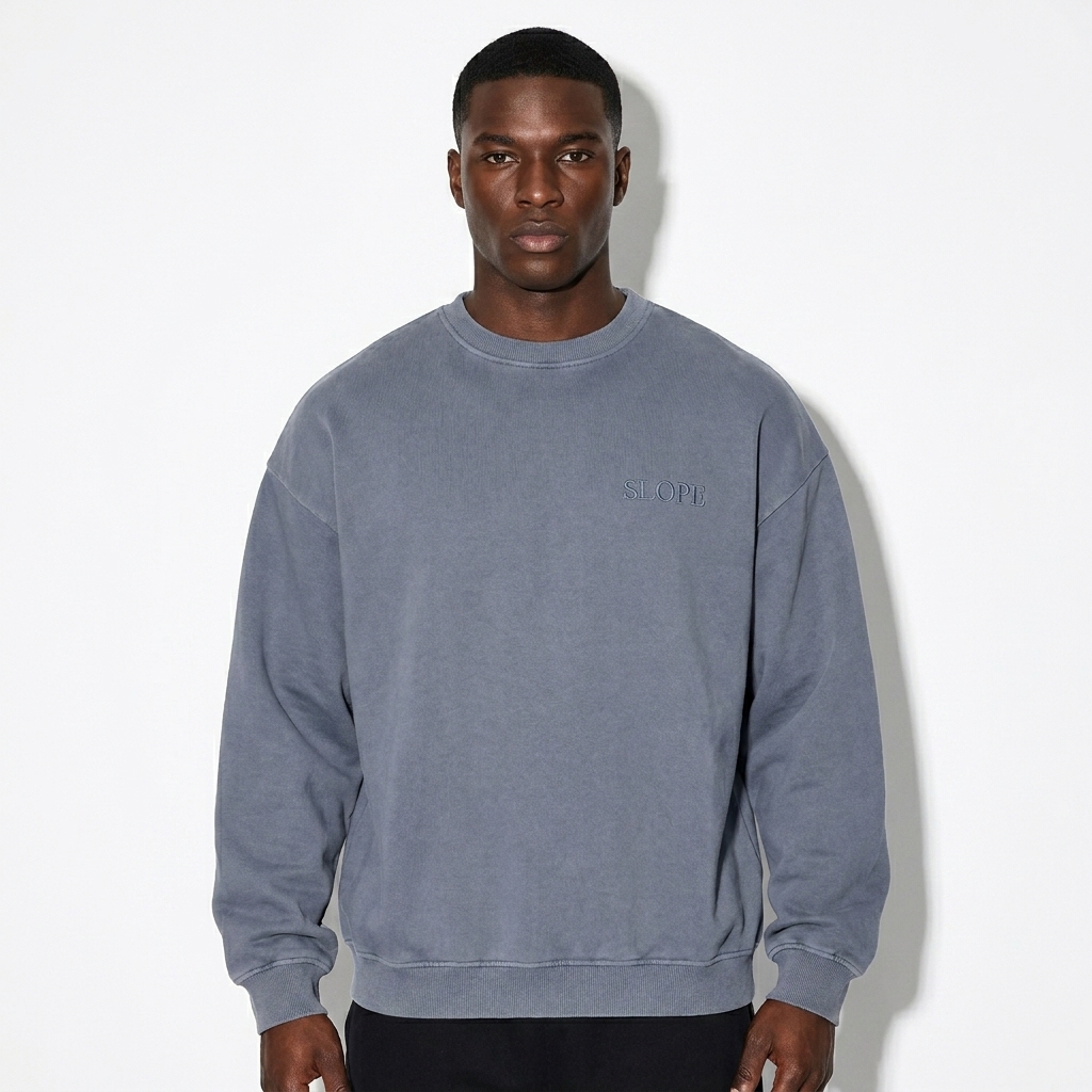 Sunfade Drop-Shoulder Sweatshirt worn by a broad-shouldered African American male fashion influencer, clean-girl minimal styling, studio lookbook — custom sunfade drop-shoulder sweatshirt