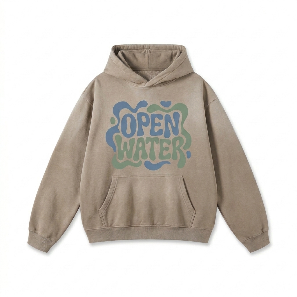 Custom Sunfade Fleeced Hoodie design direction 2: Bold Abstract Graphic featuring the OPEN WATER wordmark