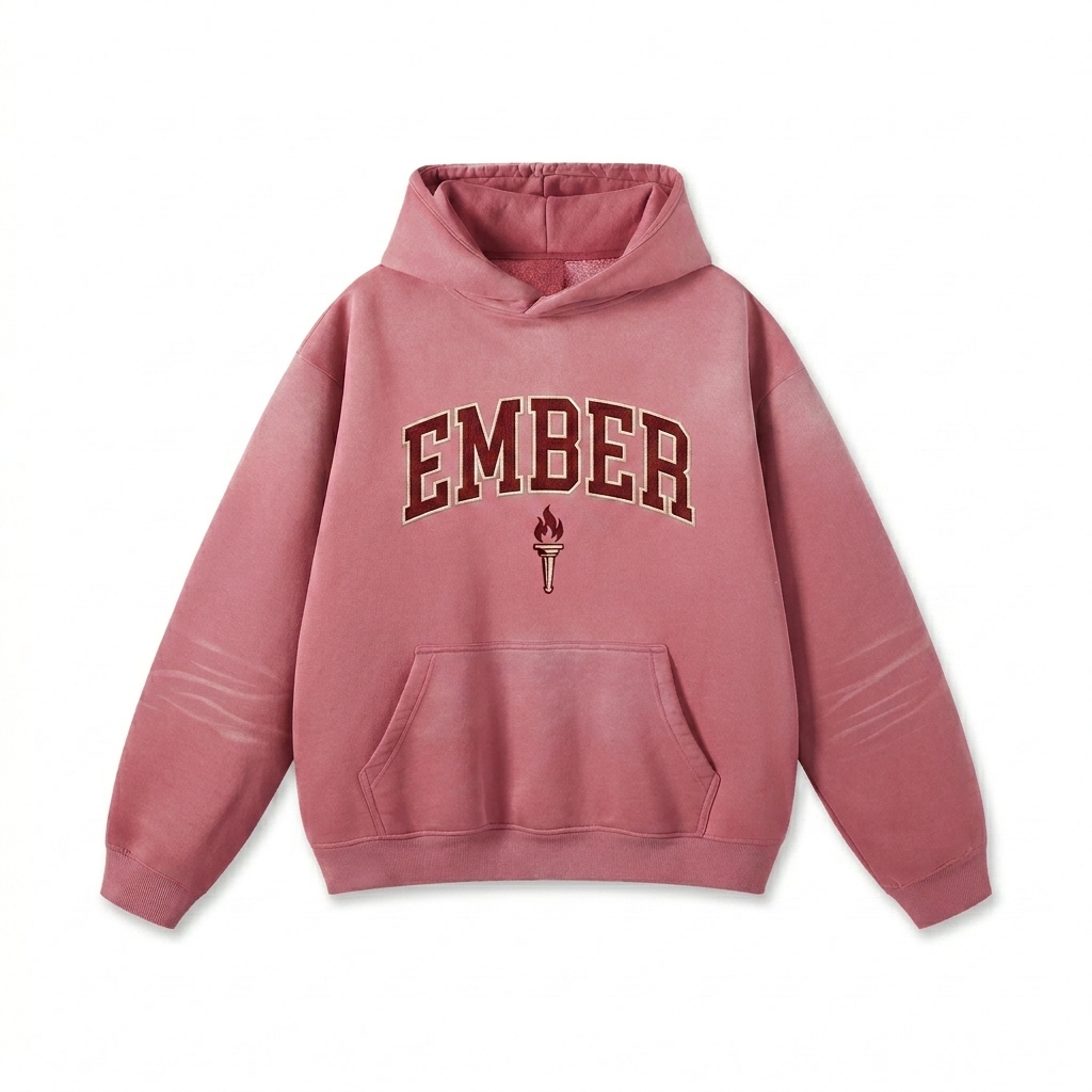 Custom Sunfade Fleeced Hoodie design direction 3: Retro Collegiate Emblem featuring the EMBER wordmark