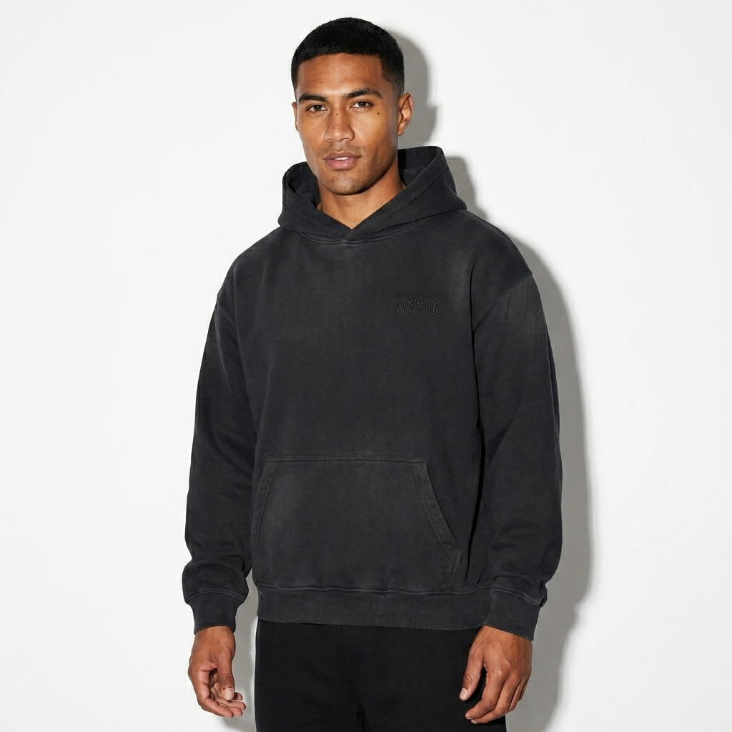 Sunfade Fleeced Hoodie worn by a toned Pacific Islander male fashion influencer, clean-girl minimal styling, studio lookbook — custom sunfade fleeced hoodie