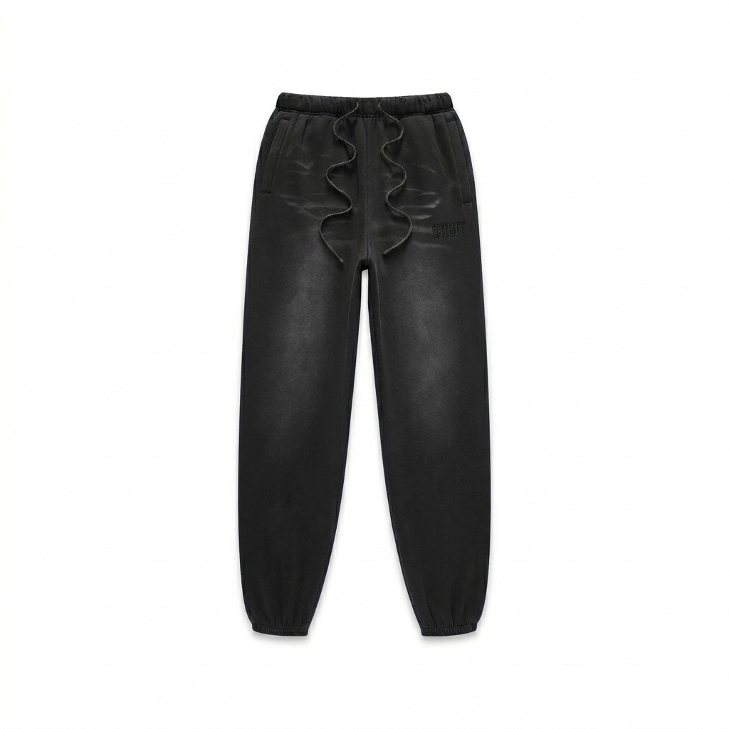 Custom Sunfade Fleeced Sweatpants design direction 1: Tonal Minimalist Wordmark featuring the ORBIT wordmark