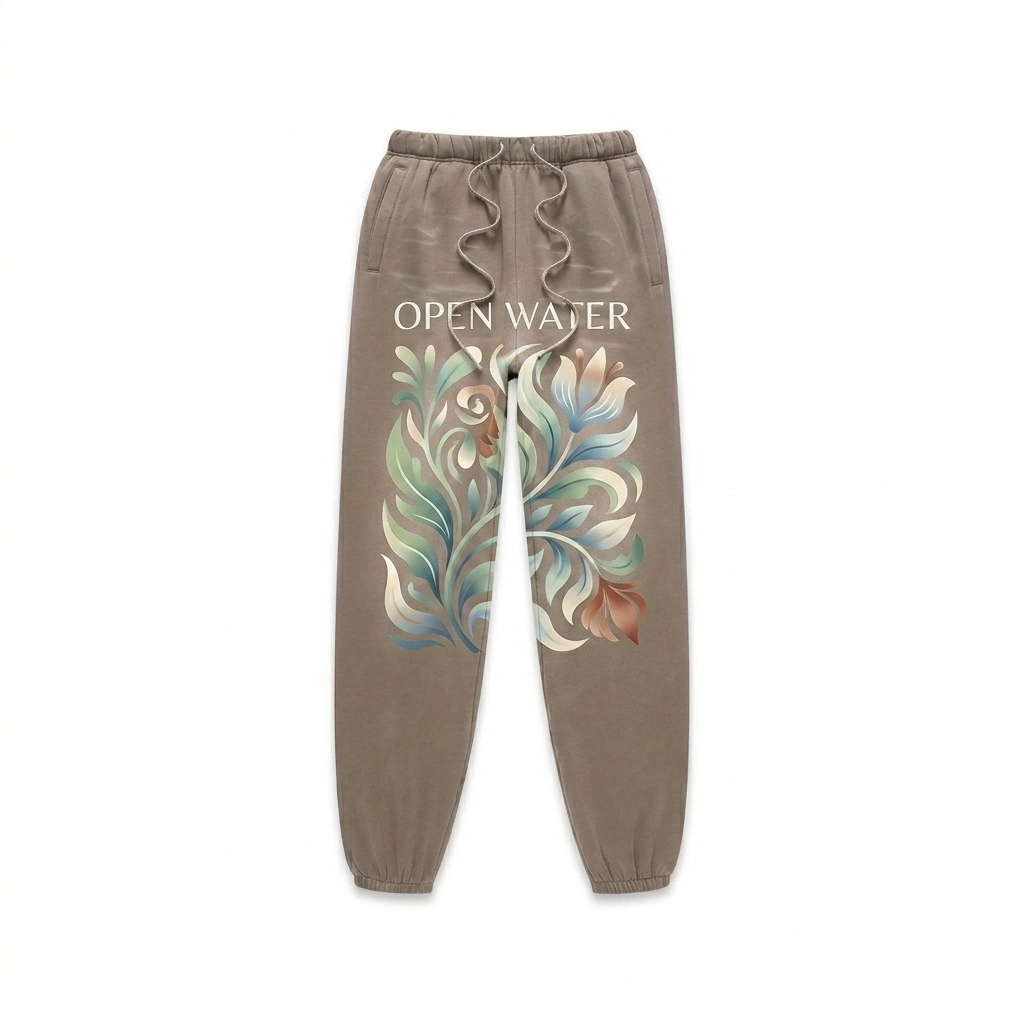 Custom Sunfade Fleeced Sweatpants design direction 2: Bold Botanical Graphic featuring the OPEN WATER wordmark