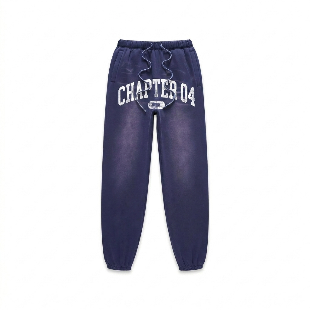 Custom Sunfade Fleeced Sweatpants design direction 3: Retro Collegiate Emblem featuring the CHAPTER 04 wordmark