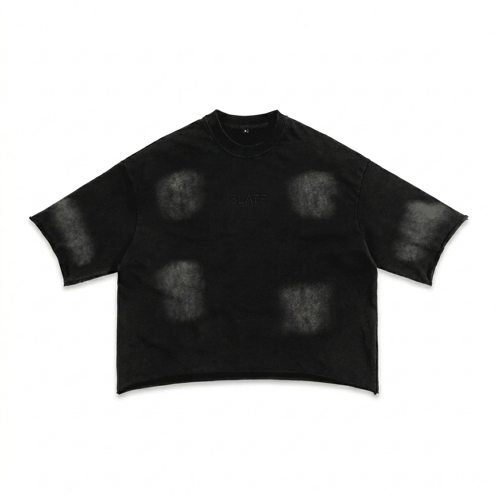 Custom Sunfade French Terry Raw Edge T-Shirt design direction 1: Tonal Minimalist Wordmark featuring the SLATE wordmark