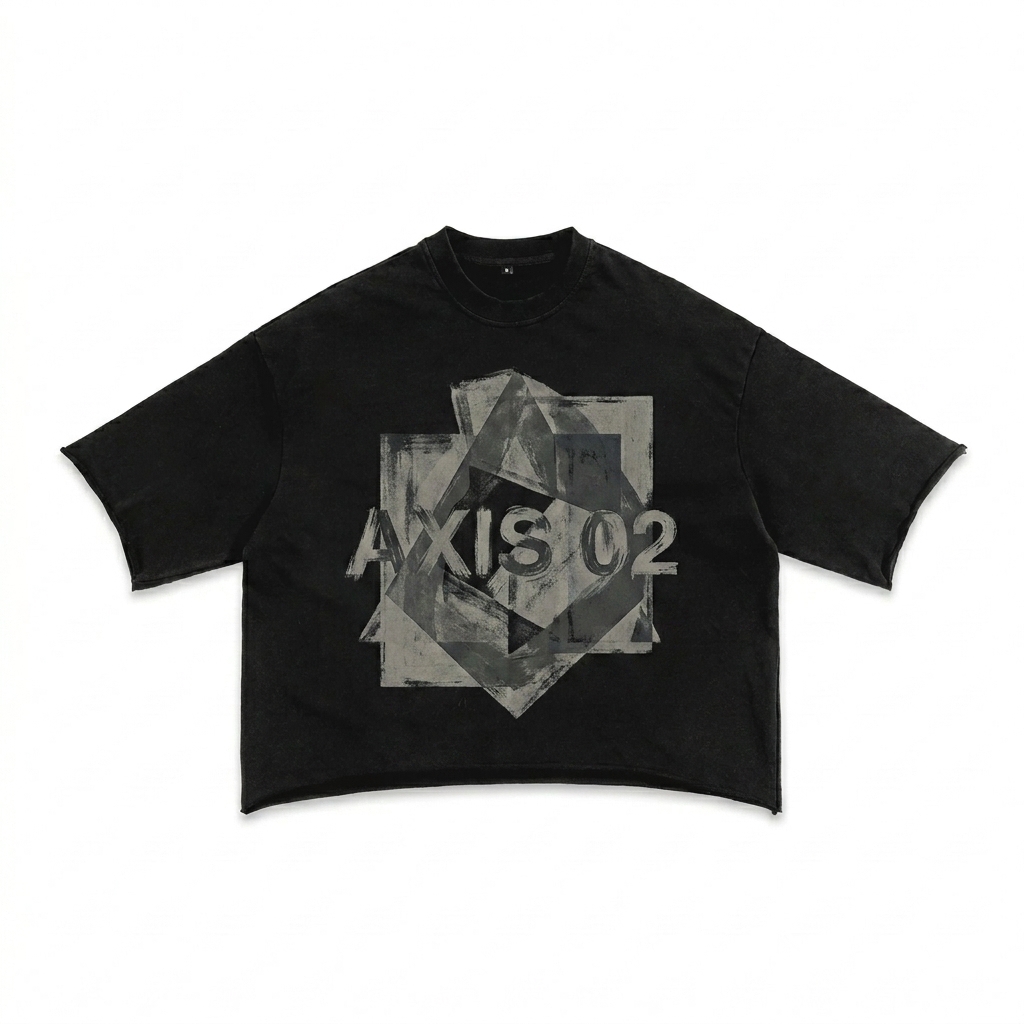 Custom Sunfade French Terry Raw Edge T-Shirt design direction 2: Bold Abstract Graphic featuring the AXIS 02 wordmark