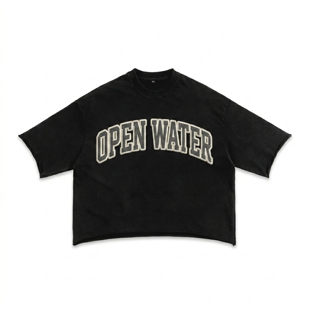 Custom Sunfade French Terry Raw Edge T-Shirt design direction 3: Retro Collegiate Patch featuring the OPEN WATER wordmark
