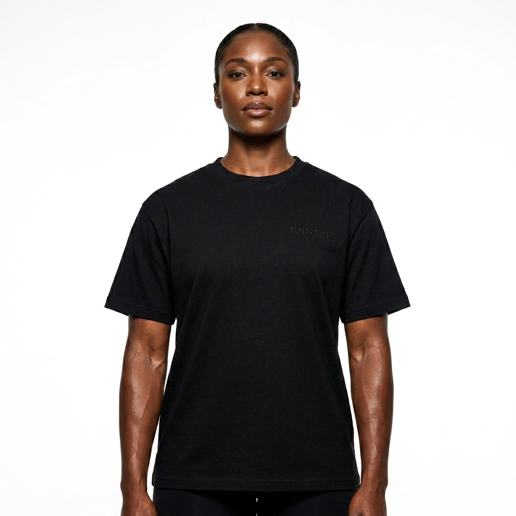 Sunfade Gradient T-Shirt worn by a athletic muscular Afro-Caribbean female fashion influencer, techwear modern styling, studio lookbook — custom sunfade gradient t-shirt