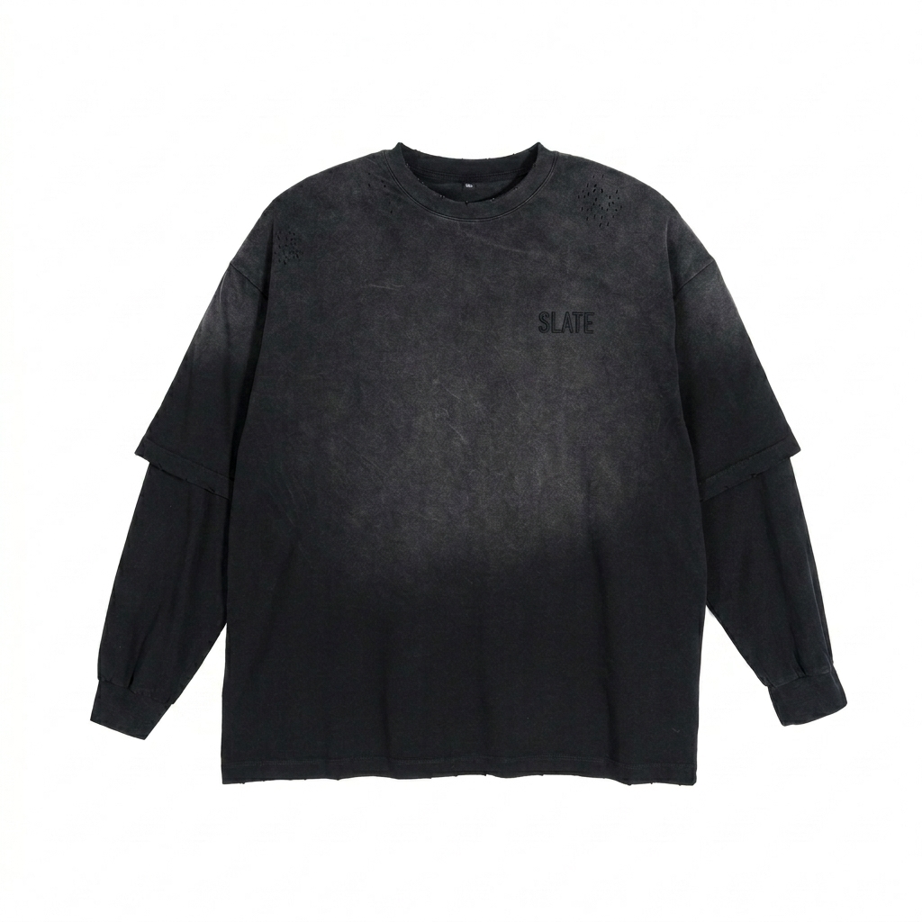 Custom Sunfade Layered T-Shirt design direction 1: Tonal Minimalist Wordmark featuring the SLATE wordmark