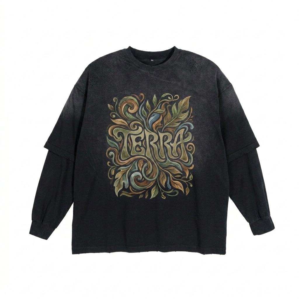 Custom Sunfade Layered T-Shirt design direction 2: Bold Graphic Illustration featuring the TERRA wordmark