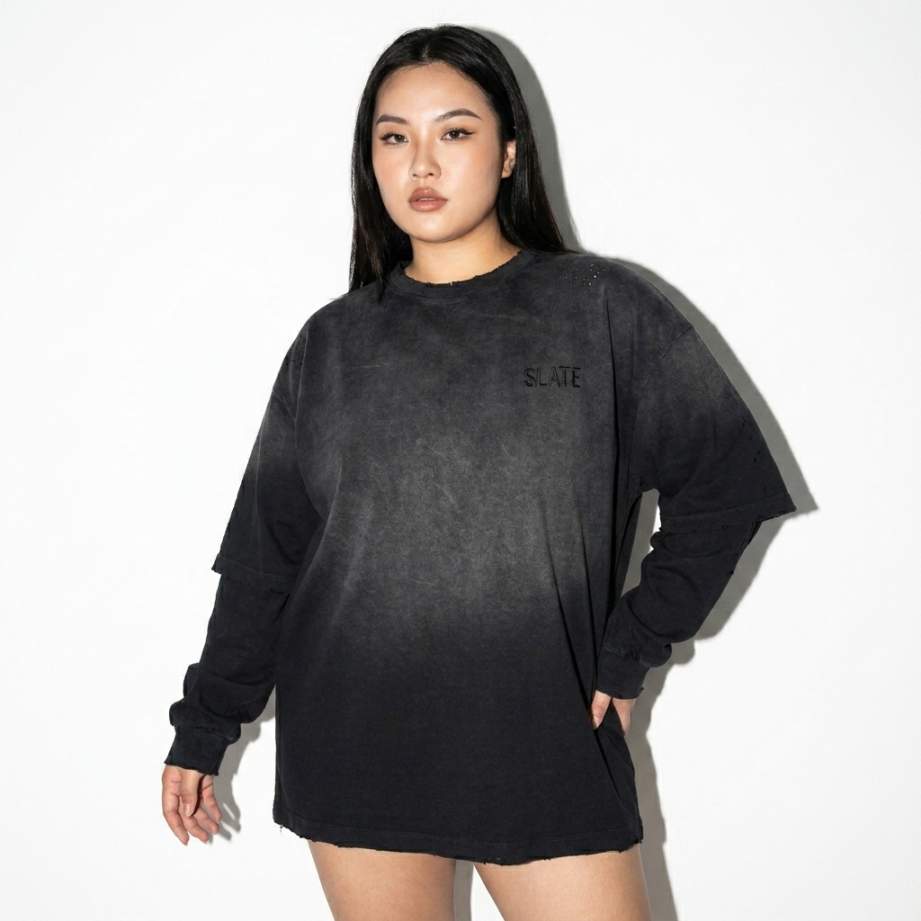 Sunfade Layered T-Shirt worn by a curvy Chinese female fashion influencer, workwear utility styling, studio lookbook — custom sunfade layered t-shirt