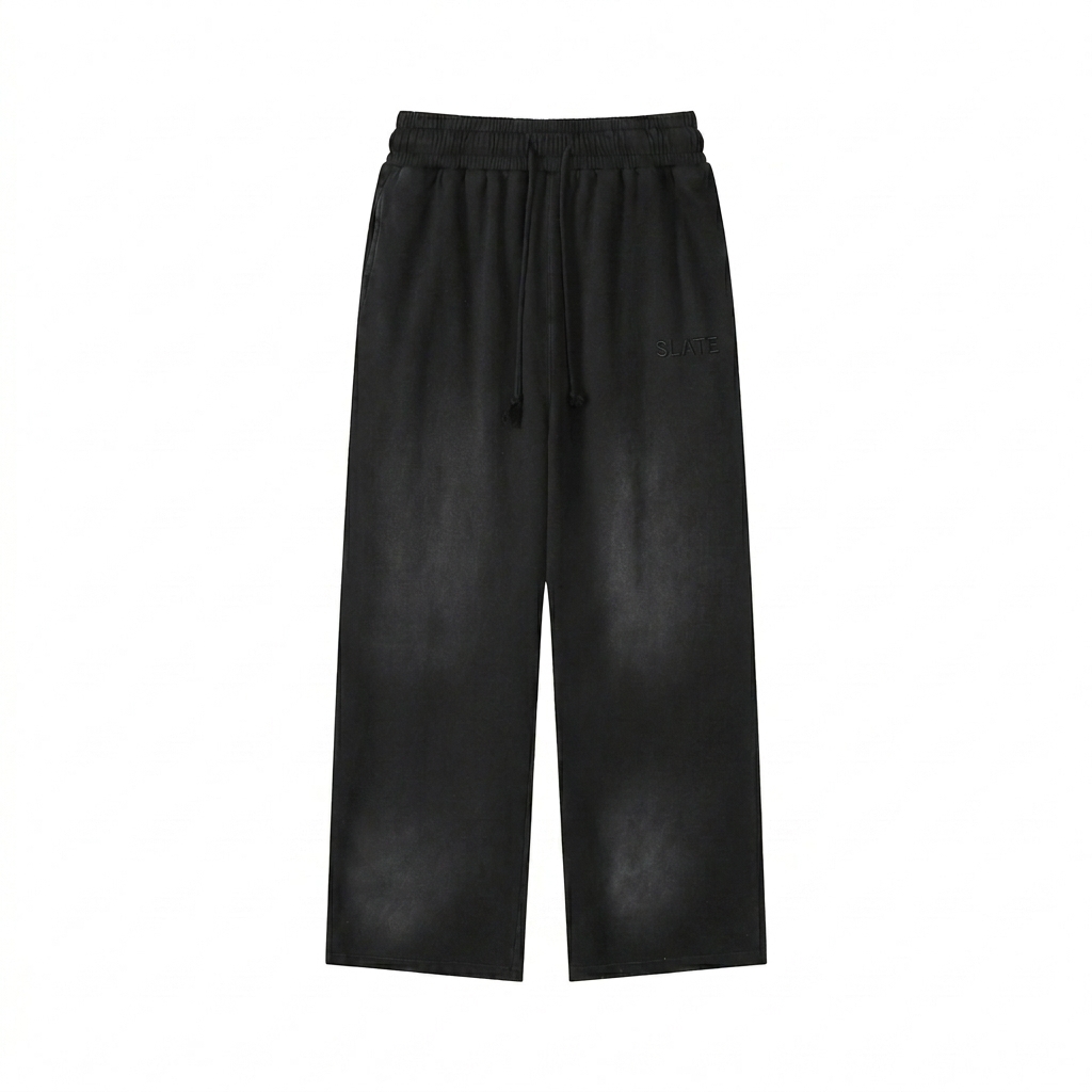 Custom Sunfade Loose Fit Cotton Sweatpants design direction 1: Tonal Minimalist Wordmark featuring the SLATE wordmark