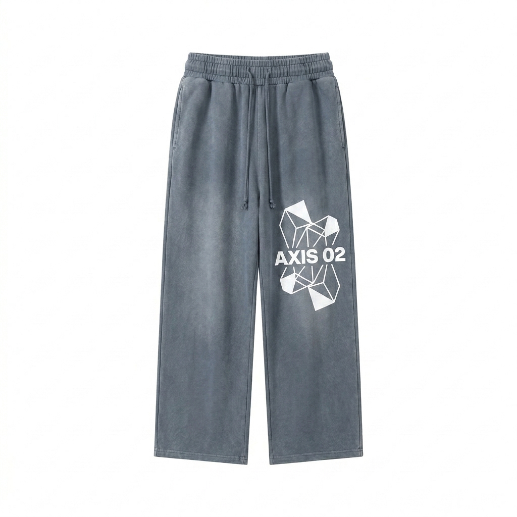 Custom Sunfade Loose Fit Cotton Sweatpants design direction 2: Abstract Geometric Graphic featuring the AXIS 02 wordmark