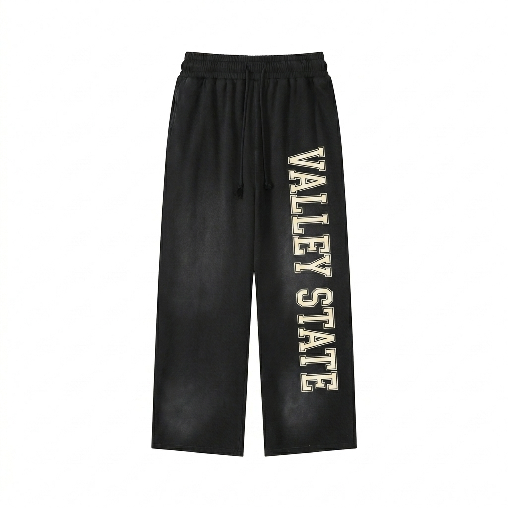 Custom Sunfade Loose Fit Cotton Sweatpants design direction 3: Retro Collegiate Vertical featuring the VALLEY STATE wordmark