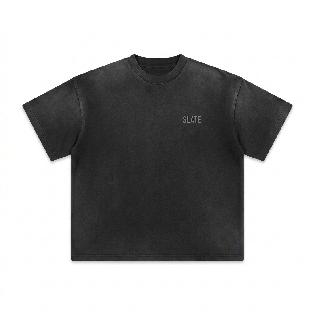 Custom Sunfade T-Shirt design direction 1: Tonal Minimalist Wordmark featuring the SLATE wordmark