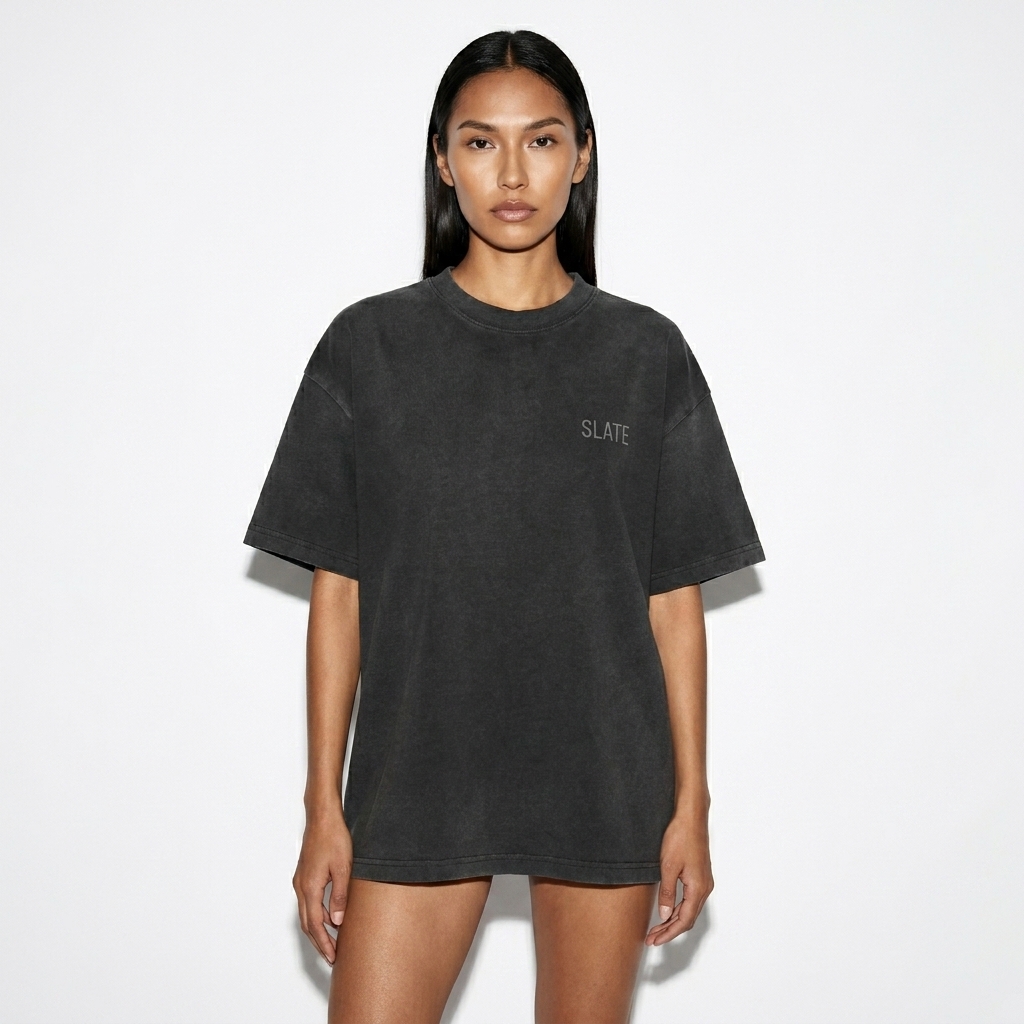 Sunfade T-Shirt worn by a slim tall Indigenous American female fashion influencer, workwear utility styling, studio lookbook — custom sunfade t-shirt