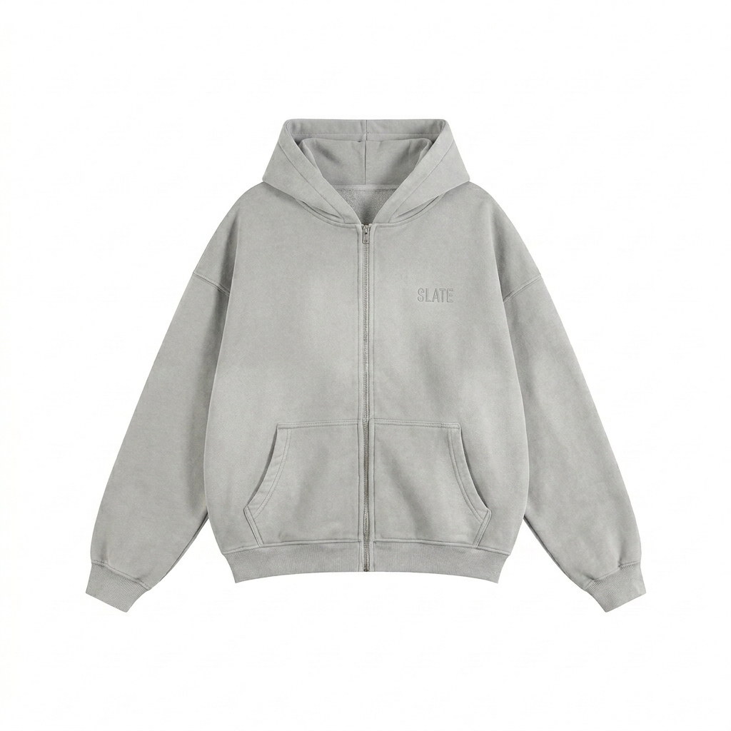 Custom Sunfade Zipper Boxy Hoodie design direction 1: Tonal Minimalist Wordmark featuring the SLATE wordmark