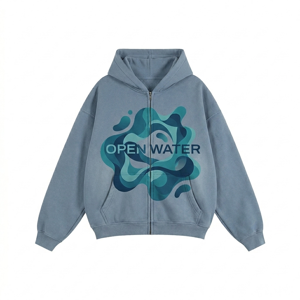 Custom Sunfade Zipper Boxy Hoodie design direction 2: Bold Abstract Graphic featuring the OPEN WATER wordmark