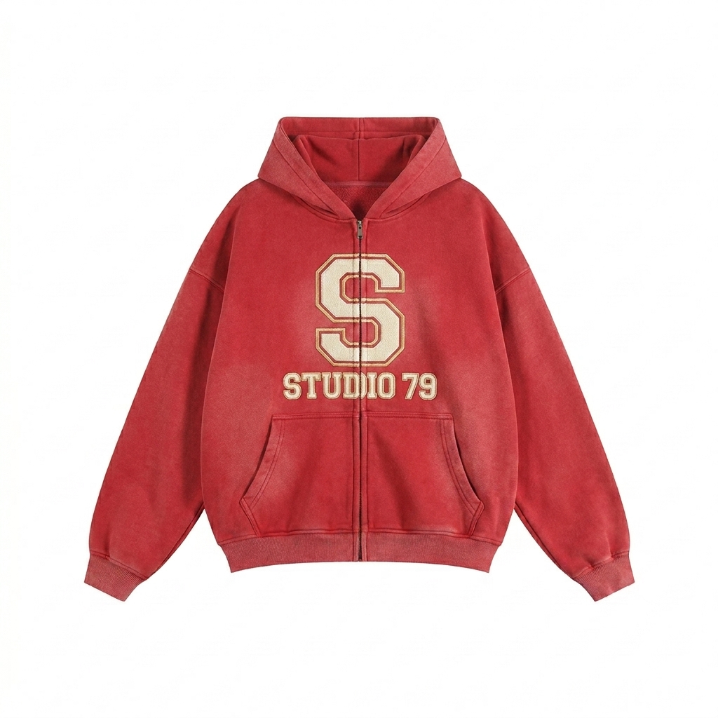 Custom Sunfade Zipper Boxy Hoodie design direction 3: Retro Collegiate Emblem featuring the STUDIO 79 wordmark