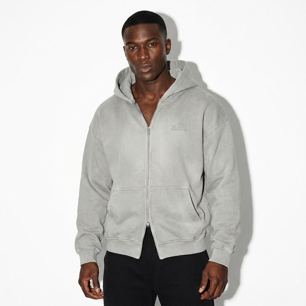 Sunfade Zipper Boxy Hoodie worn by a athletic muscular West African male fashion influencer, preppy ivy styling, studio lookbook — custom sunfade zipper boxy hoodie