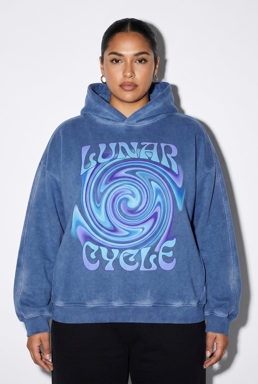Sunfaded Fleece Hoodie worn by a mid-size Latino female fashion influencer, minimalist luxury styling, studio lookbook — custom sunfaded fleece hoodie