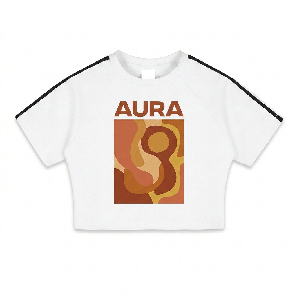 Custom Taped Cooling Crop Top design direction 2: Bold Abstract Graphic featuring the AURA wordmark