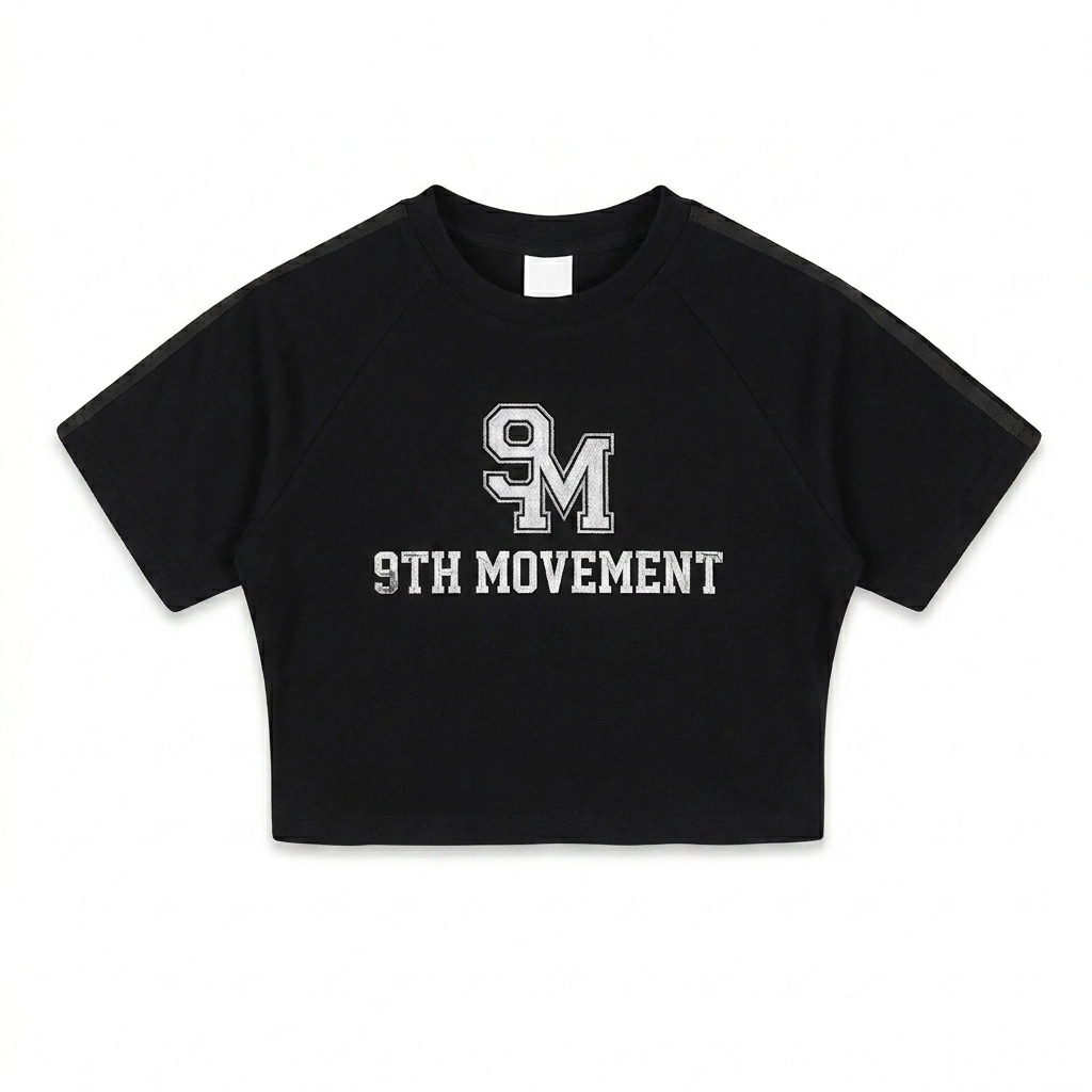 Custom Taped Cooling Crop Top design direction 3: Retro Collegiate Emblem featuring the 9TH MOVEMENT wordmark