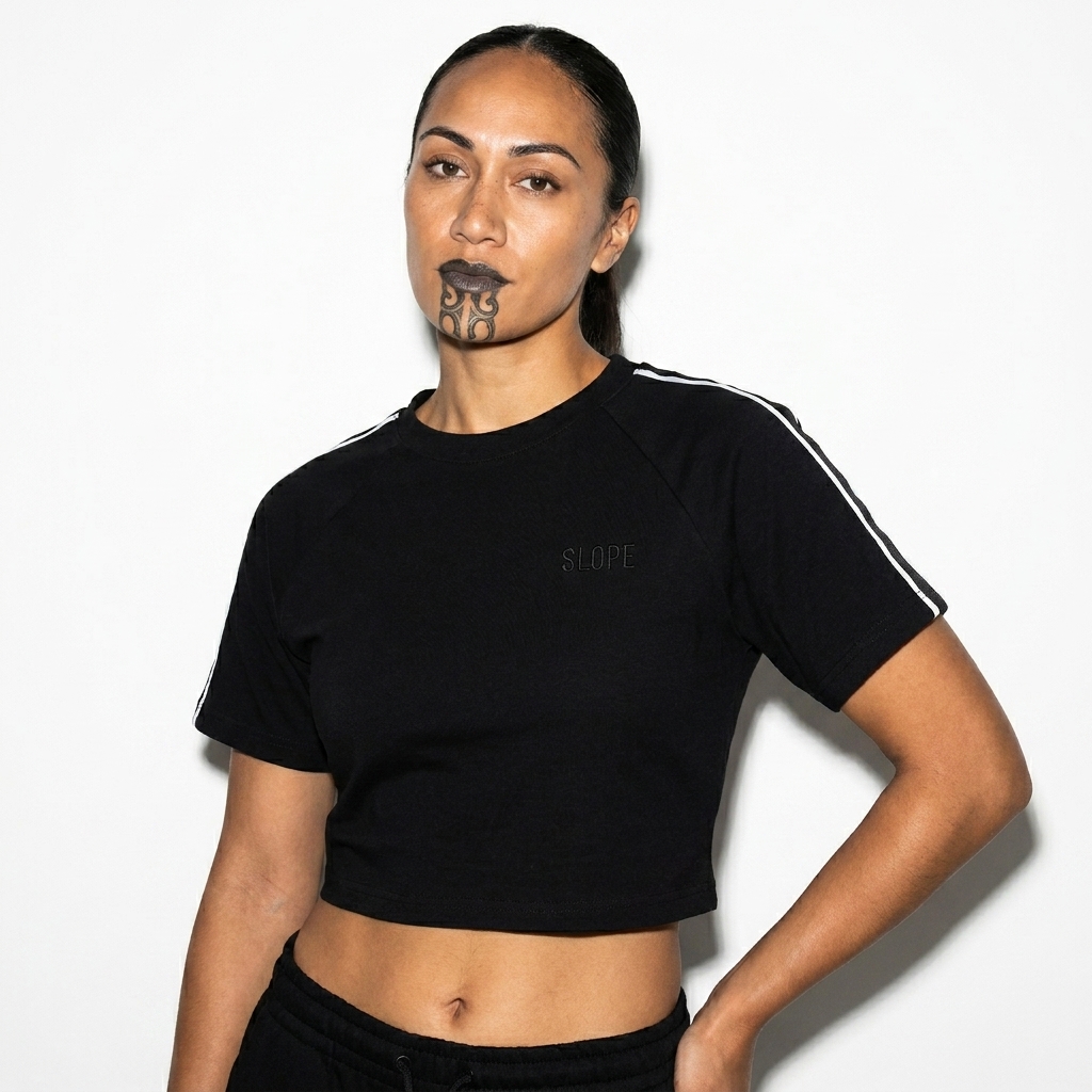 Taped Cooling Crop Top worn by a lean Māori female fashion influencer, techwear modern styling, studio lookbook — custom taped cooling crop top