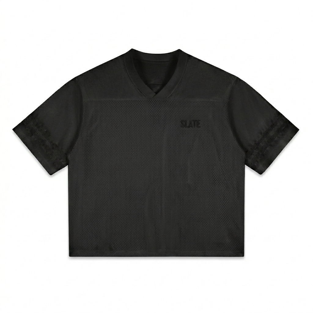 Custom Taped Mesh T-Shirt design direction 1: Subtle Performance Wordmark featuring the SLATE wordmark