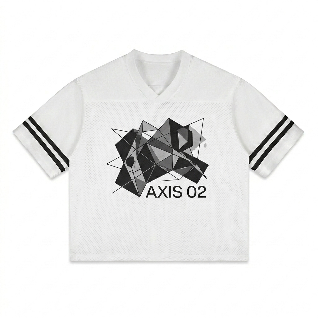 Custom Taped Mesh T-Shirt design direction 2: Abstract Geometric Graphic featuring the AXIS 02 wordmark