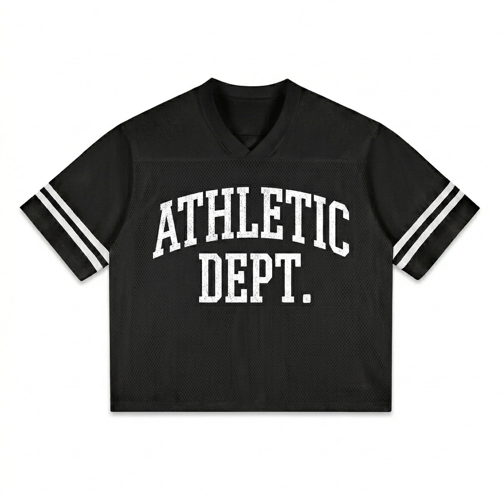 Custom Taped Mesh T-Shirt design direction 3: Varsity Sport Lettering featuring the ATHLETIC DEPT. wordmark
