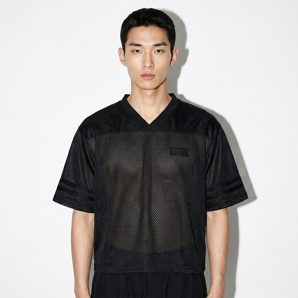 Taped Mesh T-Shirt worn by a lean Japanese male fashion influencer, editorial avant-garde styling, studio lookbook — custom taped mesh t-shirt
