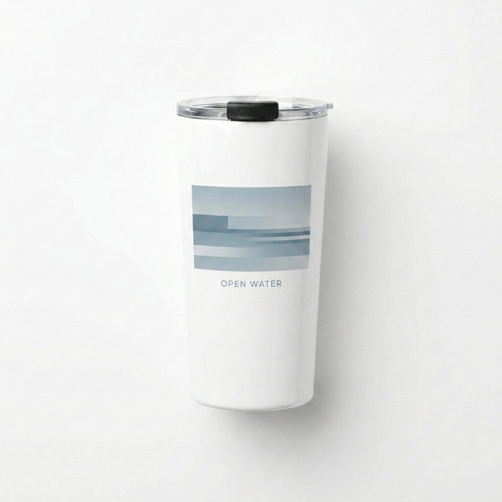 Custom Tapered Stainless Steel Tumbler design direction 1: Minimalist Horizon Graphic featuring the OPEN WATER wordmark
