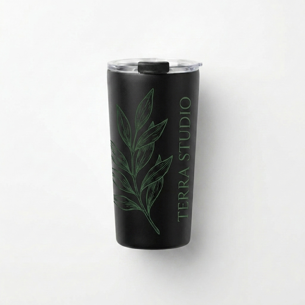 Custom Tapered Stainless Steel Tumbler design direction 2: Botanical Line Art featuring the TERRA STUDIO wordmark