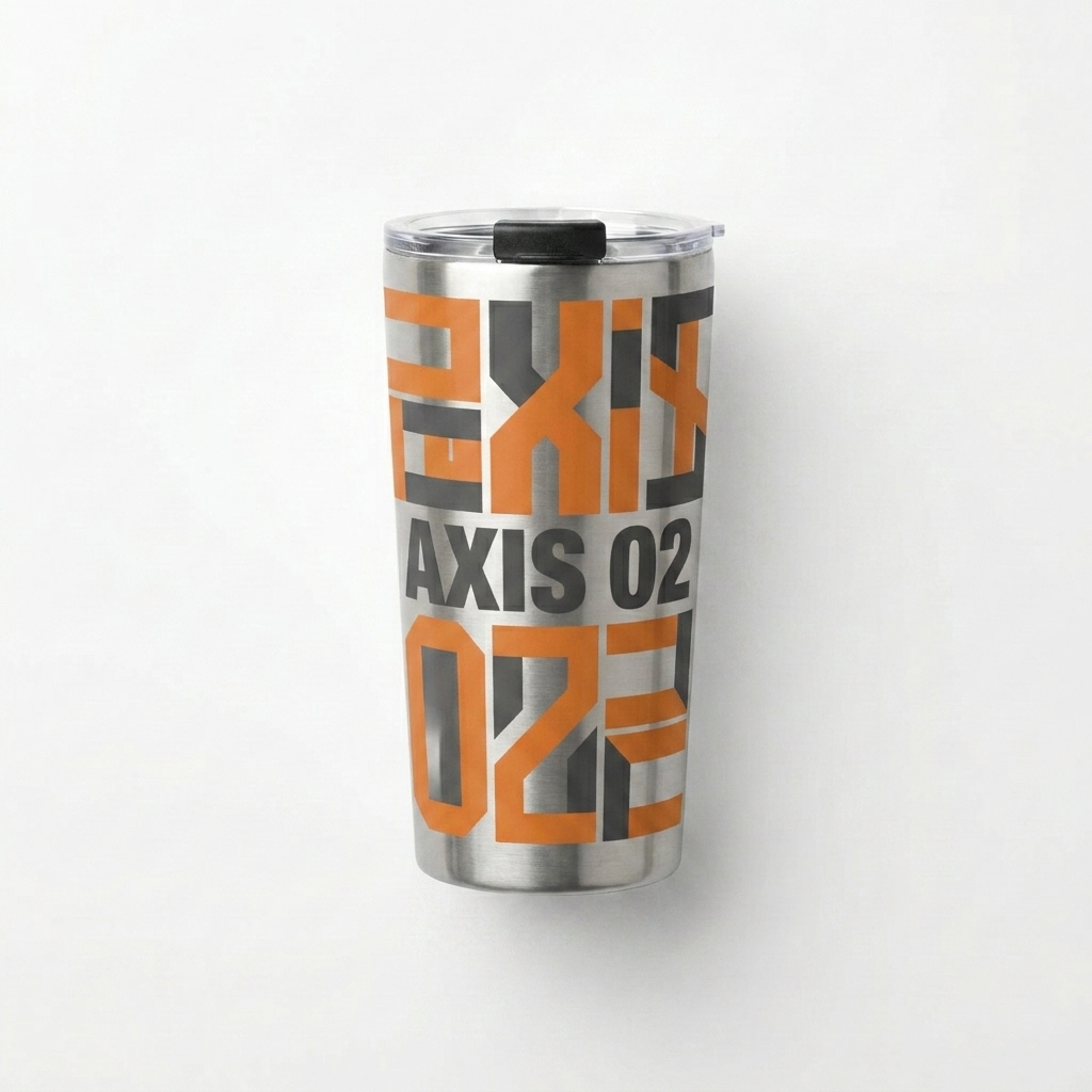 Custom Tapered Stainless Steel Tumbler design direction 3: Geometric Type Stack featuring the AXIS 02 wordmark