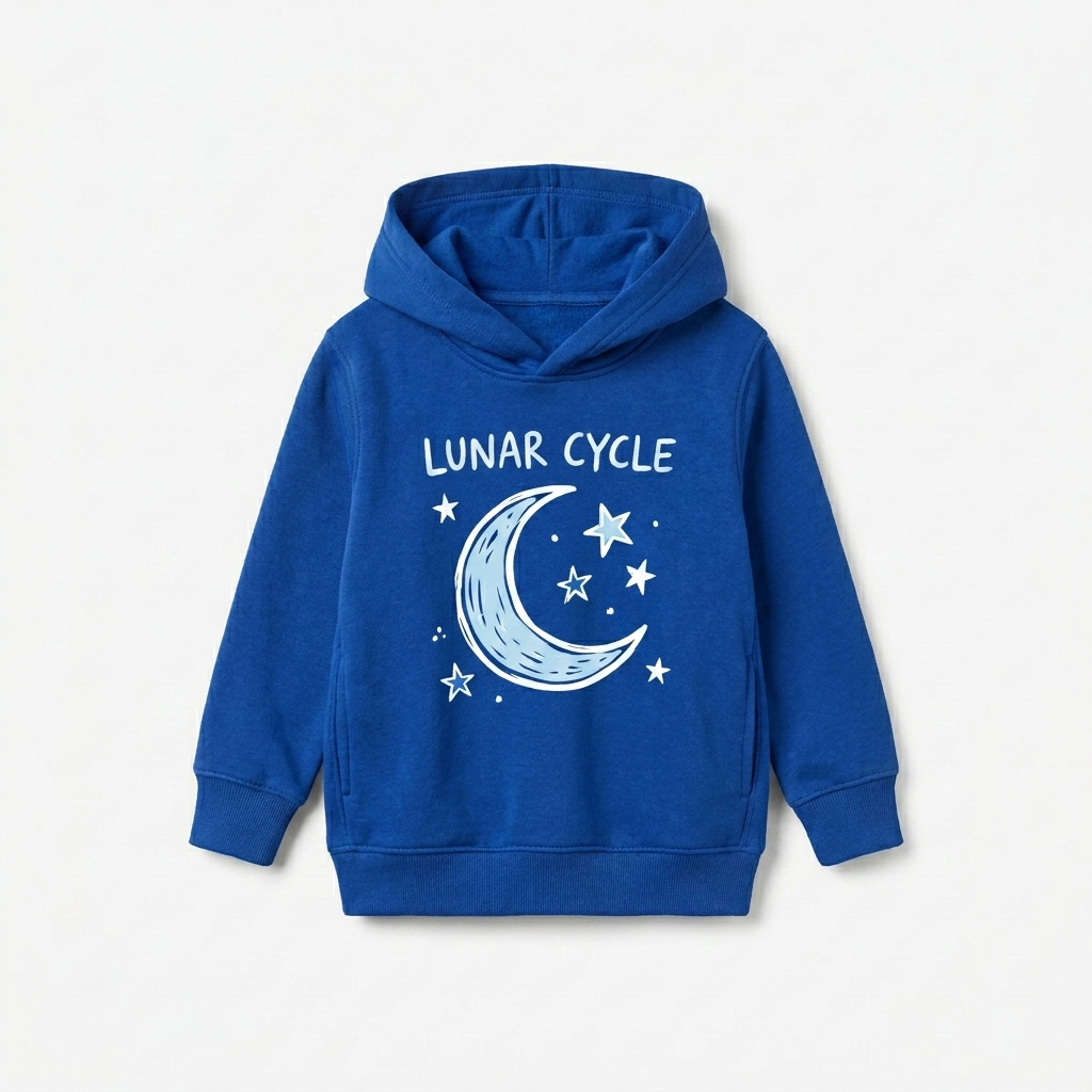Custom Toddler Pullover Fleece Hoodie design direction 2: Playful Illustrated Graphic featuring the LUNAR CYCLE wordmark