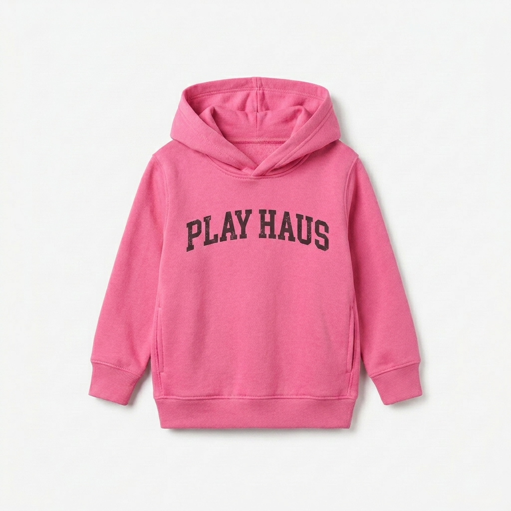 Custom Toddler Pullover Fleece Hoodie design direction 3: Retro Collegiate Text featuring the PLAY HAUS wordmark