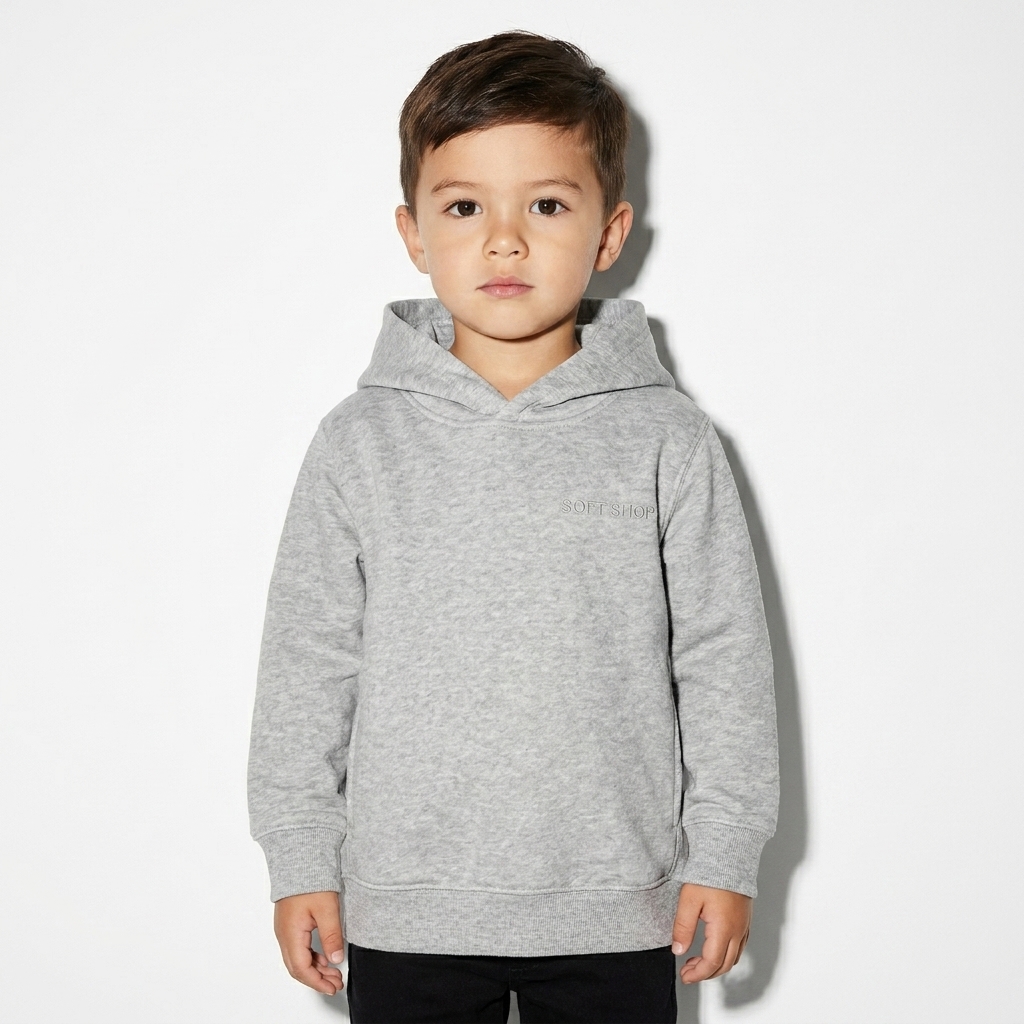 Toddler Pullover Fleece Hoodie worn by a petite Australian male fashion influencer, minimalist luxury styling, studio lookbook — custom toddler pullover fleece hoodie