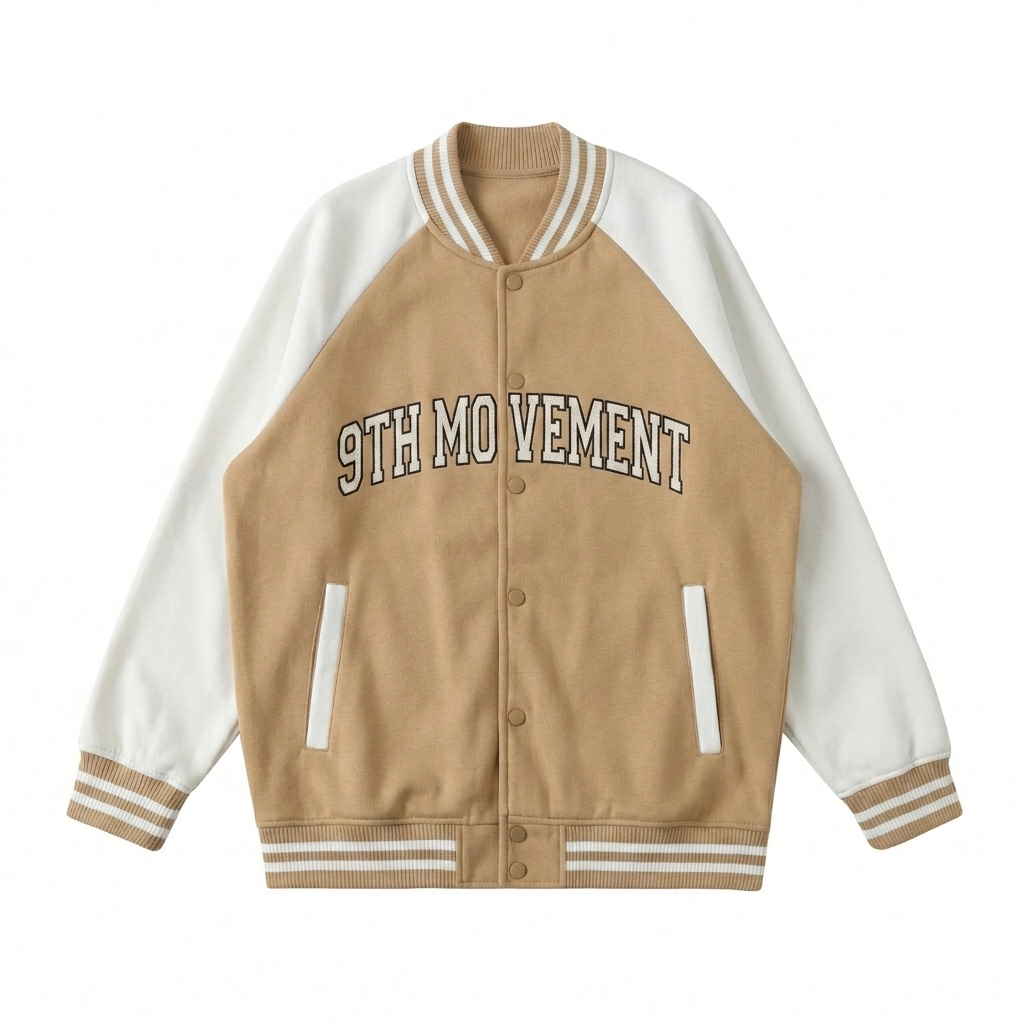 Custom Two Tone Raglan Varsity Jacket design direction 2: Retro Collegiate Emblem featuring the 9TH MOVEMENT wordmark