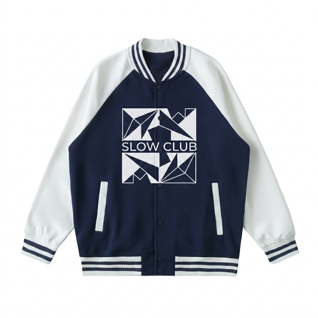 Custom Two Tone Raglan Varsity Jacket design direction 3: Abstract Geometric Graphic featuring the SLOW CLUB wordmark