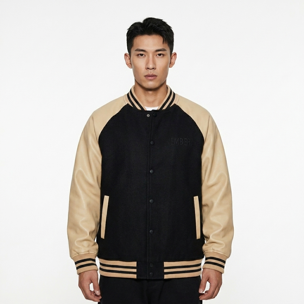 Two Tone Raglan Varsity Jacket worn by a toned Chinese male fashion influencer, clean-girl minimal styling, studio lookbook — custom two tone raglan varsity jacket