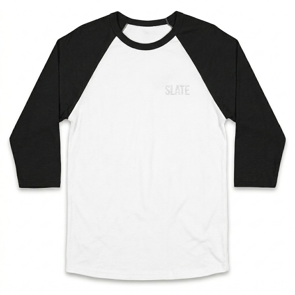 Custom Unisex 3/4 Sleeve Raglan Shirt design direction 1: Subtle Tonal Wordmark featuring the SLATE wordmark