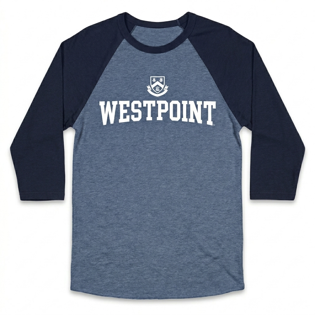 Custom Unisex 3/4 Sleeve Raglan Shirt design direction 3: Vintage Collegiate Emblem featuring the WESTPOINT wordmark